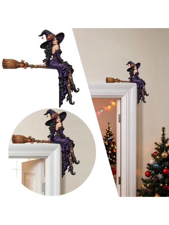 Witch on Broomstick Door Corner Sign Wooden L Shaped Halloween Topper with Pumpkin Gothic Door Decor 7.9 In