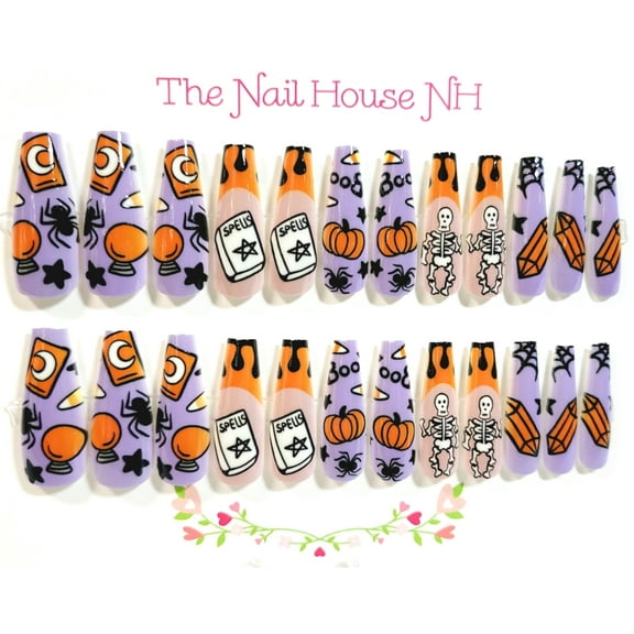 Witch's Academy Glossy Long Coffin Press On Nails - 24 Pieces - Artificial Nail Kit - Halloween Nails