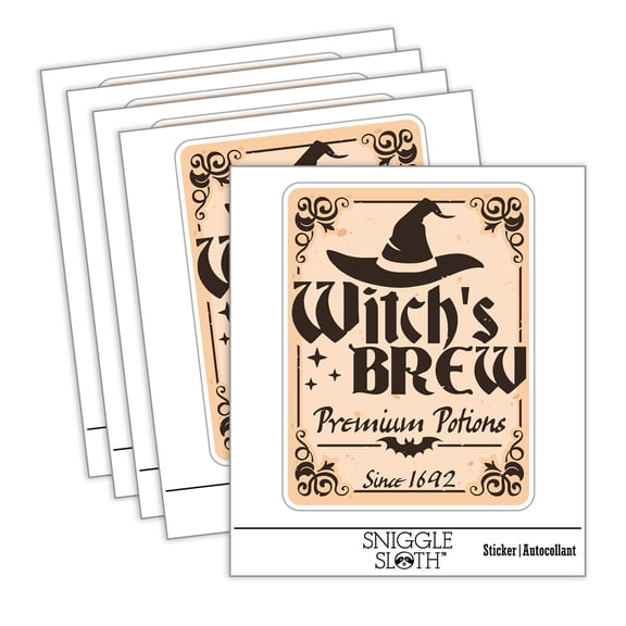 Witch's Brew Potions Label With Bat Halloween Car Window Bumper Water Bottle Phone Tablet Laptop Waterproof Vinyl Decal Sticker Set 5-Pack - Gloss Finish - 2.0"