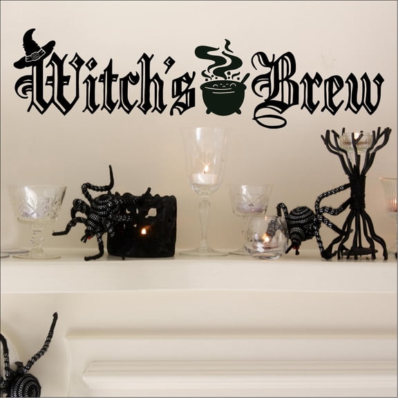 Witch's Brew with Witch Hat and Cauldron Halloween Vinyl Lettering wall decal Size: 10"H x 37"L - Color: Black
