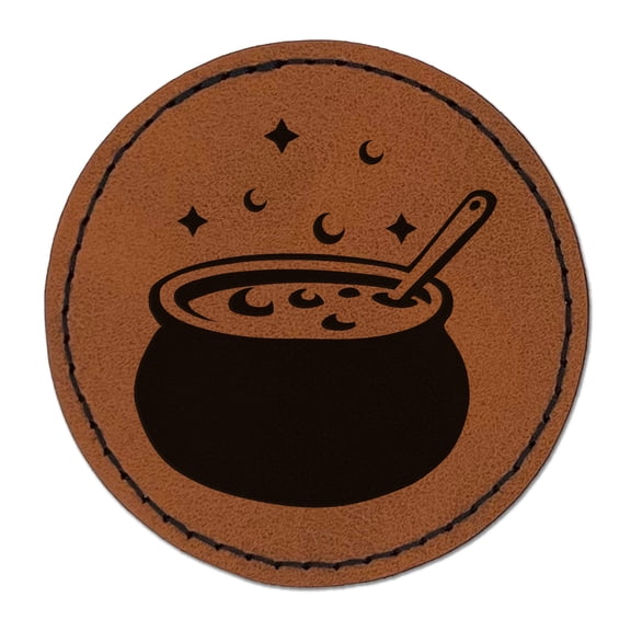Witch's Bubbling Cauldron Magic Halloween 2.5" Faux Leather Round Engraved Iron-On Patch - Brown
