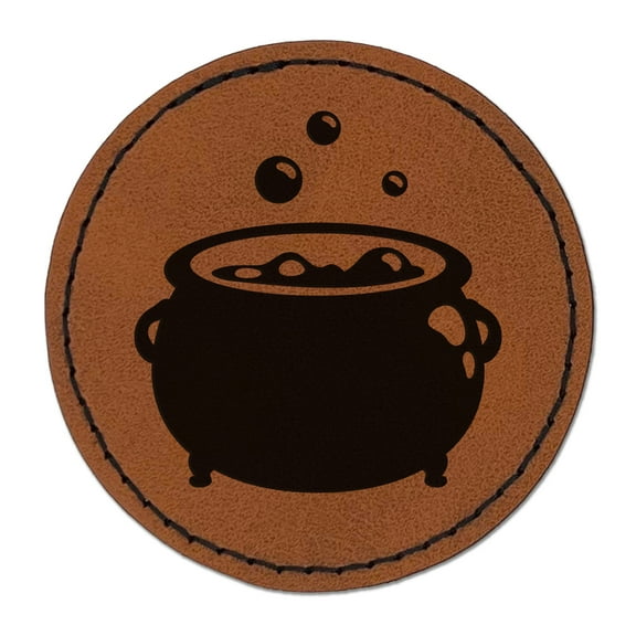 Witch's Bubbling Cauldron Pot Halloween 2.5" Faux Leather Round Engraved Iron-On Patch - Brown