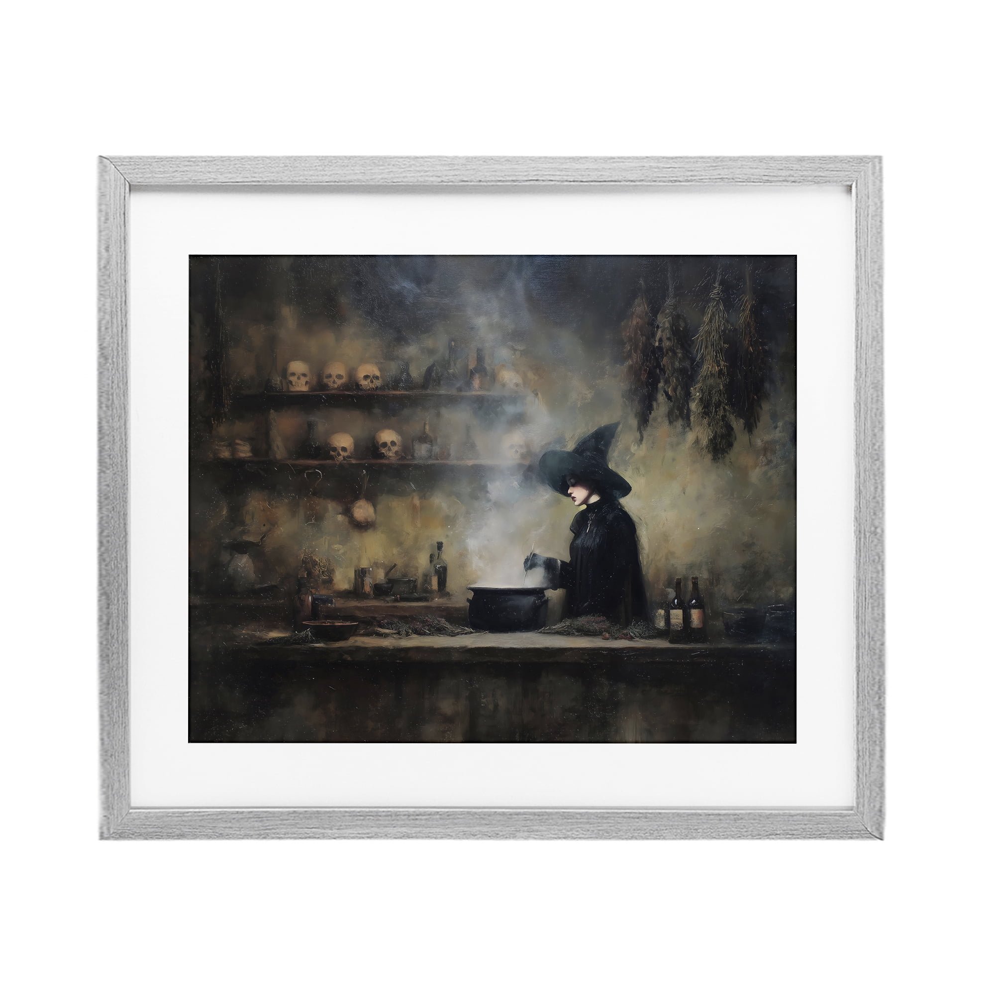 Witch's Cauldron Brew Gray Framed Print Under Glass, design by Arlington Prints