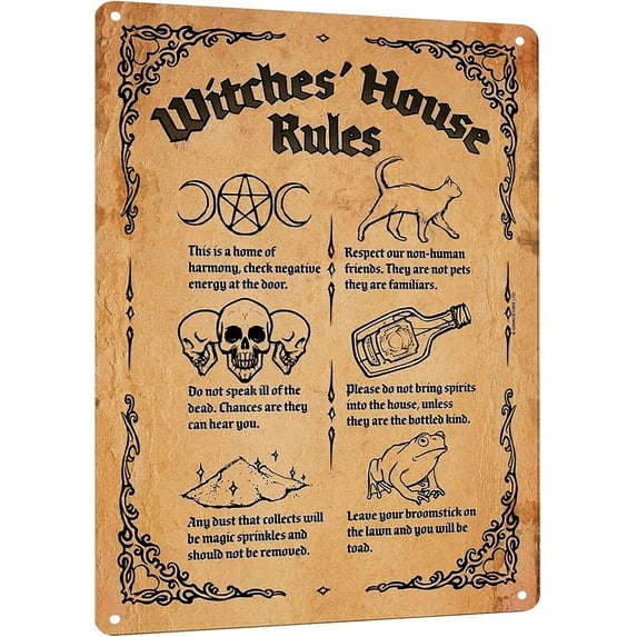 Witch's House Rules Metal Tin Sign - Vintage Wall Art Poster for Kitchen, Bathroom, Door Decor - Gothic Witchy Home & Halloween Decoration - Gift for Witchcraft Enthusiasts, 8x12 Inches