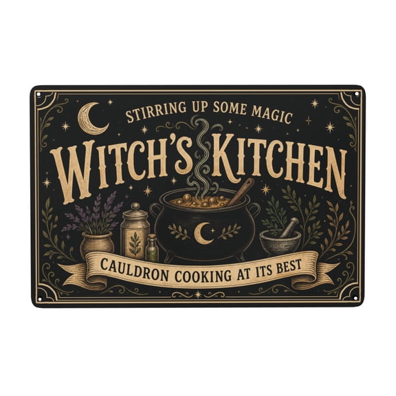 Witch's Kitchen Metal Wall Decor Sign, 8x12 Inch, Rustic Vintage Style Iron Plaque with Cauldron Cooking Theme, Easy Hanging Home Decoration, Indoor Outdoor Use, Weather Resistant