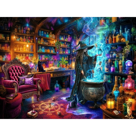 Witch's Magic Halloween Jigsaw Puzzle 550 Piece by Vermont Christmas Company - Fully Interlocking & Randomly Shaped Pieces - 24" x 18" - Family Halloween Puzzles
