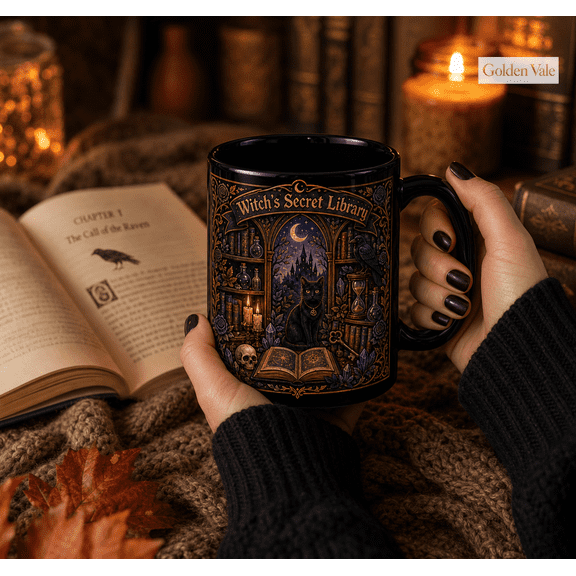 Witch's Secret Library Mug, Gothic Black Cat Coffee Cup for Book Lovers