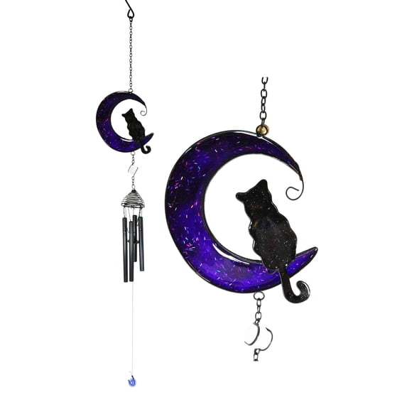 Witchcraft Black Cat On Purple Crescent Moon Stained Glass Wind Chime Suncatcher
