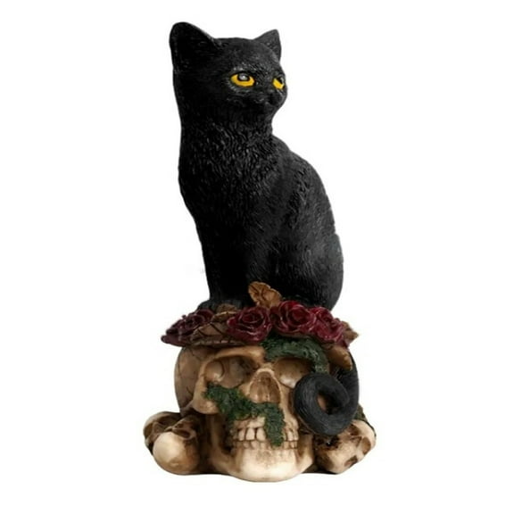 Witchcraft Cat Statue, Mysterious Cat Sitting on Skeleton with Poisonous Rose, 3D Gothic Cat Skull Decor for Halloween Home and Party Decoration Black