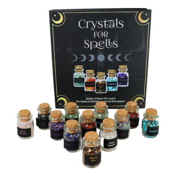 Witchcraft Crystals for Spells Crystal Variety Chip Bottle Set of 12 Book Case