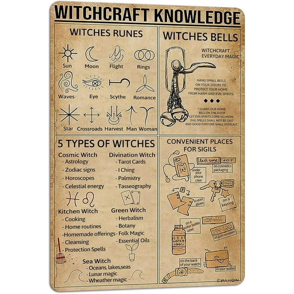 Witchcraft Knowledge Metal Tin Sign Witchs Rune Painting Canvas Print Home Decor Living Room Bedroom Wall Poster Metal Signs 8x12 Inch