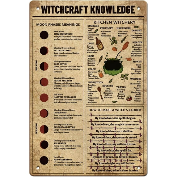 Witchcraft Knowledge Tin Sign Witch Culture Vintage Metal Tin Signs Funny Wall Art Painting Metal Decor for Witch Lover Witch Room Divination Room