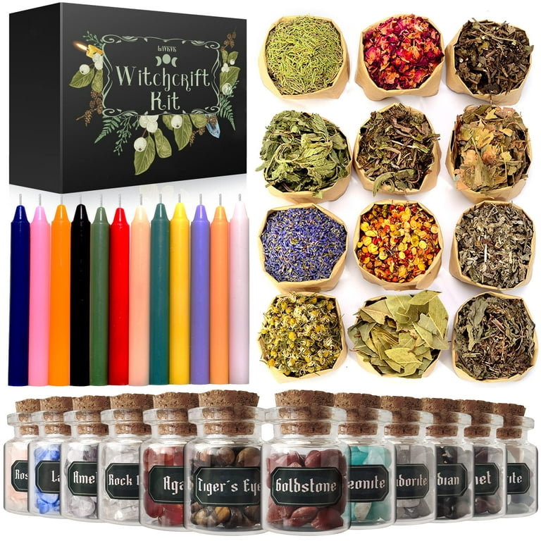 Witchcraft Supplies Kit for Spells, 48 Pics Witch Box Include Dried Herbs,  Crystal Jars, Colored Candles, Parchment. Wiccan Supplies and Tools,  Beginner Witchcraft Kit Witch Stuff for Pagan, Rituals 
