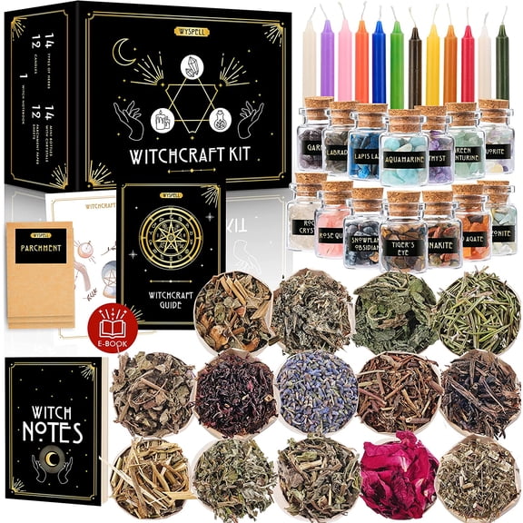 Witchcraft Supplies Kit for Witch Altar 54PCS - Spell Candles for Witches - Crystals Spell Jars for Witches - Herbs for Spells - Beginner Witch Starter Box - Witchcraft Kit
