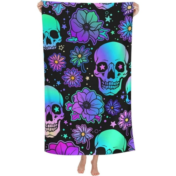 Skulls and Flowers Large Beach Towel - Plush Thick Cotton Pool Towel, Adult Beach Towels