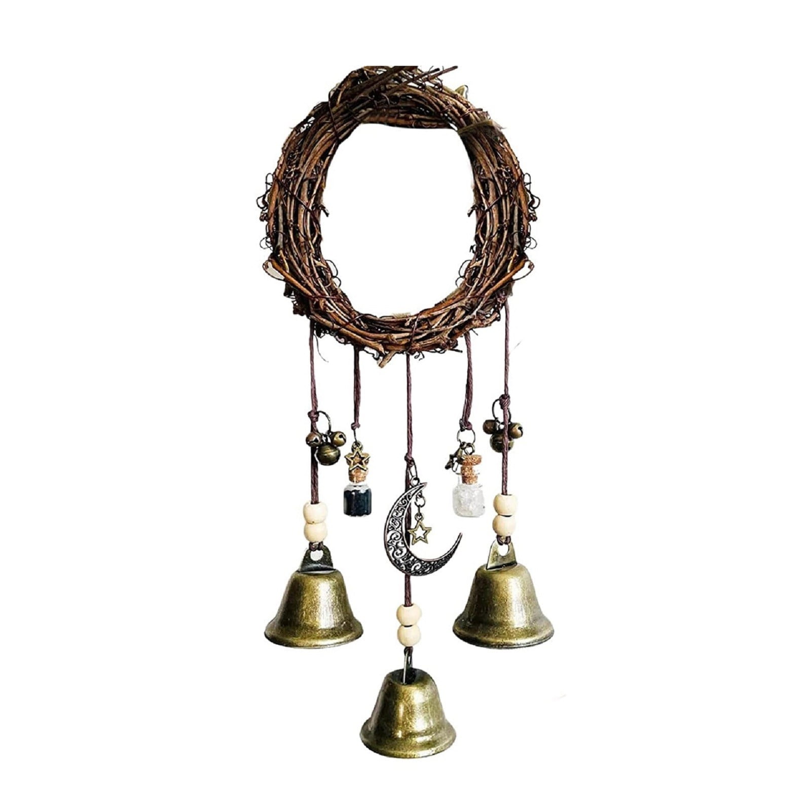 Witchcraft Wind Chimes – Handmade Witch Bells for Door Protection, Silver Pagan Decor with Quartz Crystal, Spiritual Hanging Ornament for Home & Altar