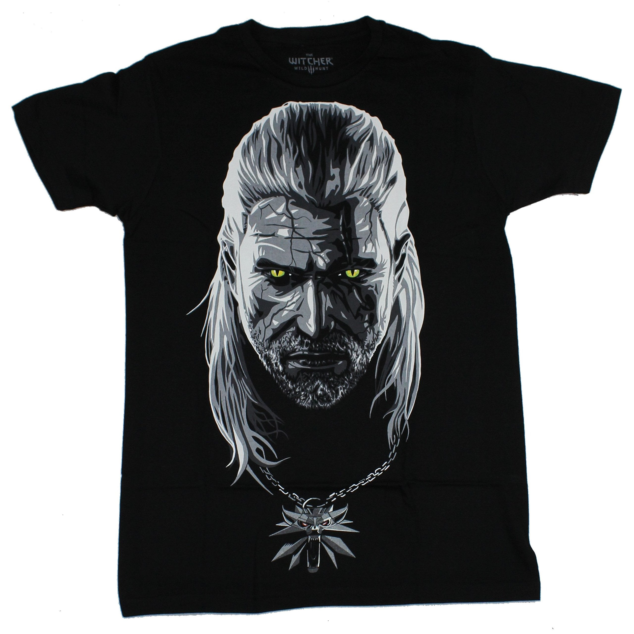 Witcher 3 Mens TShirt Giant Black and White Geralt B & W Face Image (Small, Black)