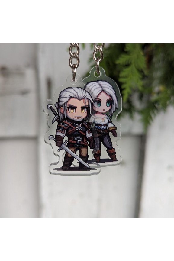 Witcher Keychain | Pixel Geralt & Ciri Double-Sided Acrylic Charm (1 keychain)