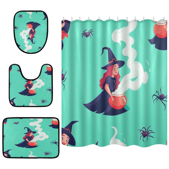 Witches 4 Piece Bathroom Set Waterproof Bath Curtain Anti-Slip Mats and Toilet Pad Practical and Affordable 66x72in Curtain
