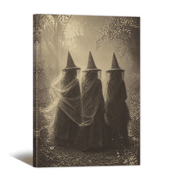 Witches’ Activity in Foggy Forest Canvas Wall Art Halloween Picture Print, Gothic Dim Scene Dark Academia Painting for Living Room Bedroom Home Office Decor