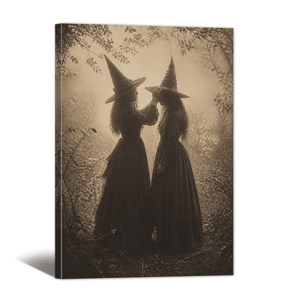 Witches’ Activity in Foggy Forest Canvas Wall Art Halloween Picture Print, Gothic Dim Scene Dark Academia Painting for Living Room Bedroom Home Office Decor