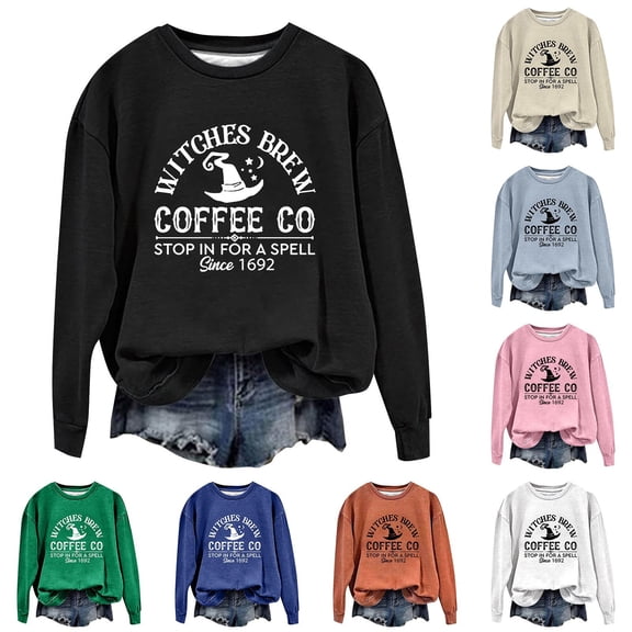 Witches Brew Coffee Co Stop In For A Spell Since 1692 Halloween Sweatshirt Halloween Sweatshirts For Women Crewneck Graphic Tees Tops Oversized Long Sleeve Festival Pullover Sweater