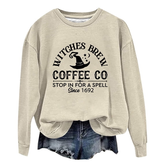 Witches Brew Coffee Halloween Sweatshirt For Women Cute Crewneck Tops Oversized Long Sleeve Festival Pullover Sweater