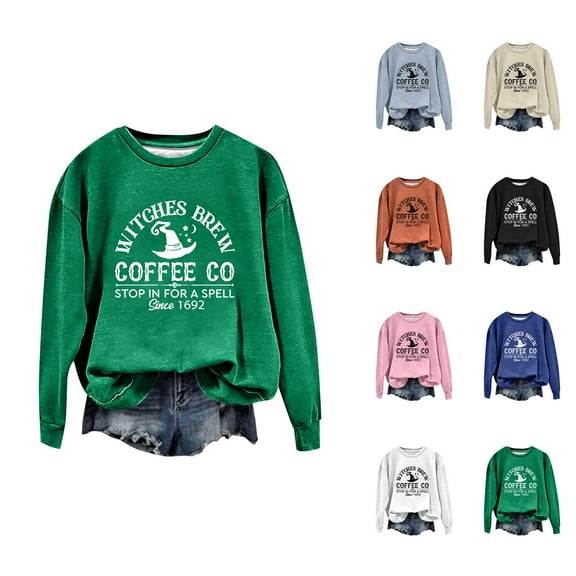 Witches Brew Coffee Halloween Sweatshirts for Women Long Sleeve Crewneck Funny Witch Graphic Sweatshirt Pullover Tops
