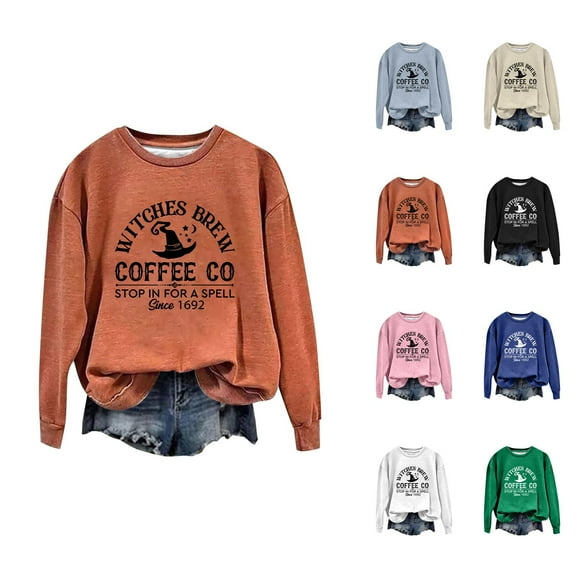 Witches Brew Coffee Halloween Sweatshirts for Women Long Sleeve Crewneck Funny Witch Graphic Sweatshirt Pullover Tops