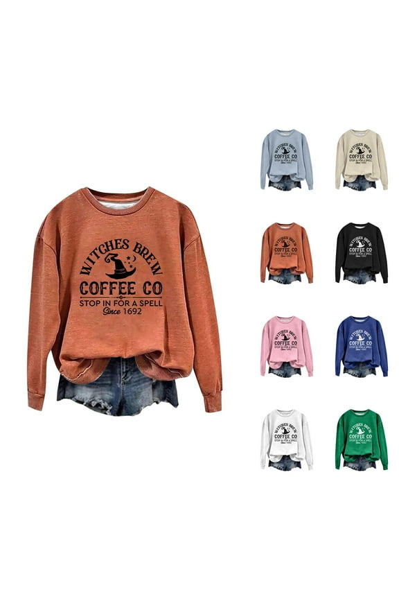 Witches Brew Coffee Halloween Sweatshirts for Women Long Sleeve Crewneck Funny Witch Graphic Sweatshirt Pullover Tops