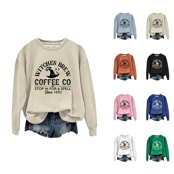 Witches Brew Coffee Halloween Sweatshirts for Women Long Sleeve Crewneck Funny Witch Graphic Sweatshirt Pullover Tops