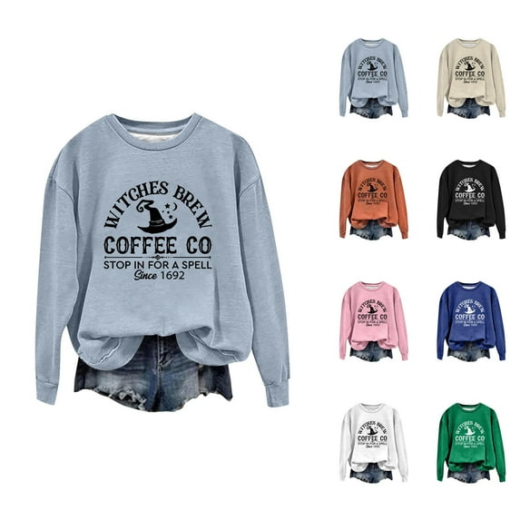 Witches Brew Coffee Halloween Sweatshirts for Women Long Sleeve Crewneck Funny Witch Graphic Sweatshirt Pullover Tops