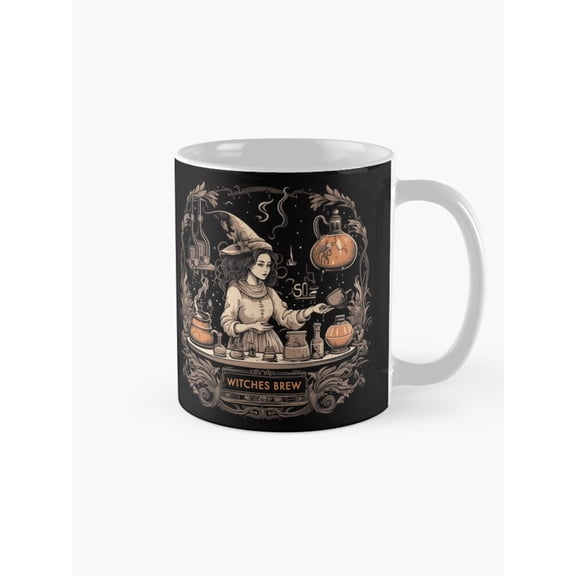 Witches Brew Witch and Potion Bottles Coffee Mug, Black and Orange, 11oz Ceramic, Halloween Theme
