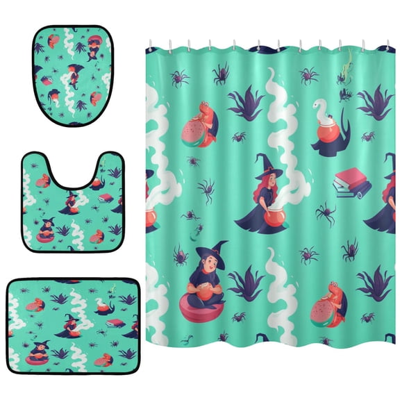 Witches Brewing Potions Bathroom Accessory Curtain Sets Bath Curtain Anti-Slip Mats and Toilet Pad 66x72in