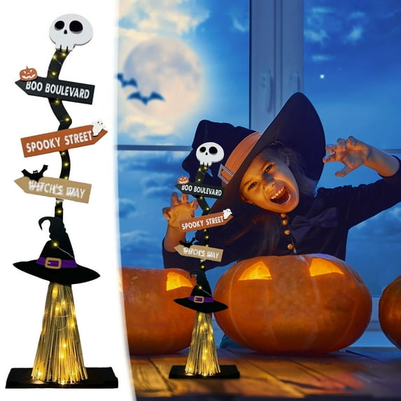Witches Broom Halloween Decorations, Lighted Halloween Wooden Witch’s Broom for Indoor Outdoor Porch Yard Decor, Spooky Light up Halloween Witch Magic Broom Decorations Sign