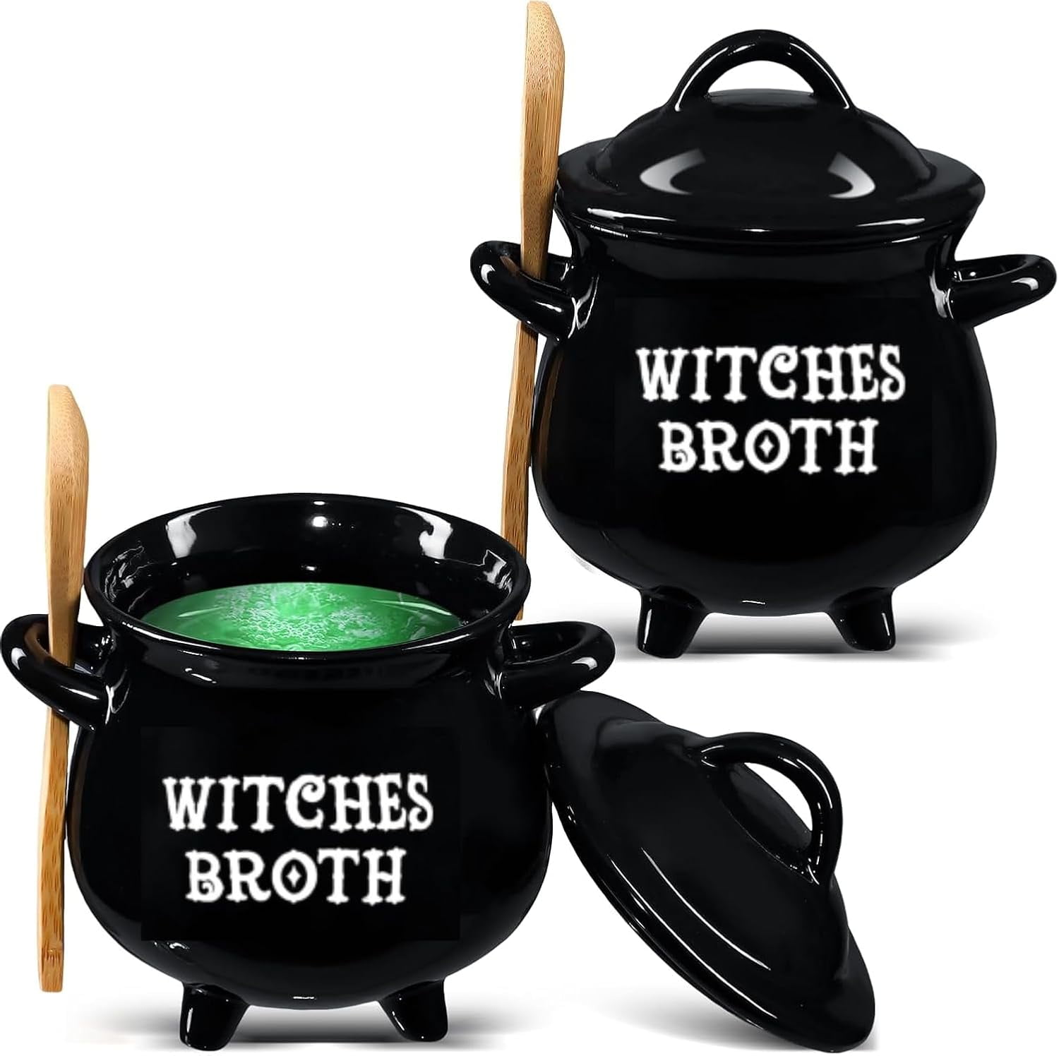 Black Ceramic Witches Broth Cauldron Bowl with Wooden Spoon