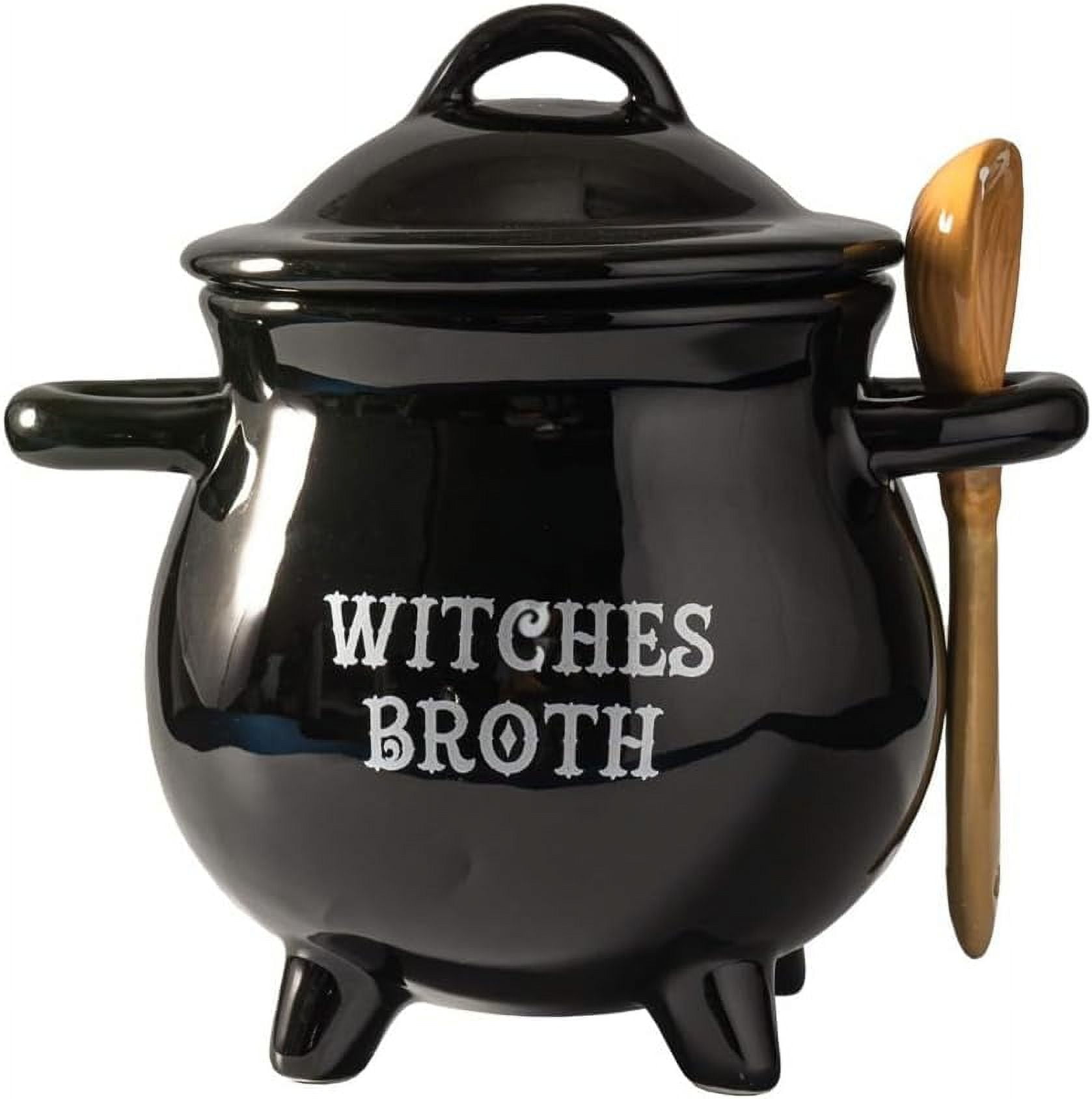 Black Ceramic Witches Broth Cauldron Bowl with Wooden Spoon