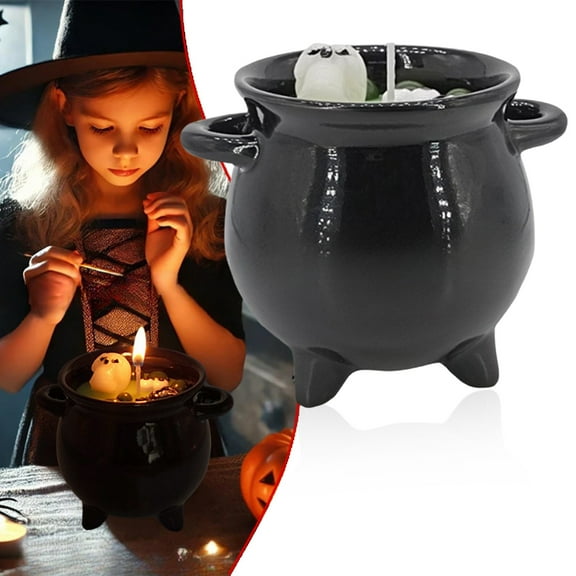 Witches Cauldron Candle Holder - Resin/Ceramic Material, Magical Bubbling Effect, Halloween Party/Home Decor Gift (13x10x10cm, 360g)