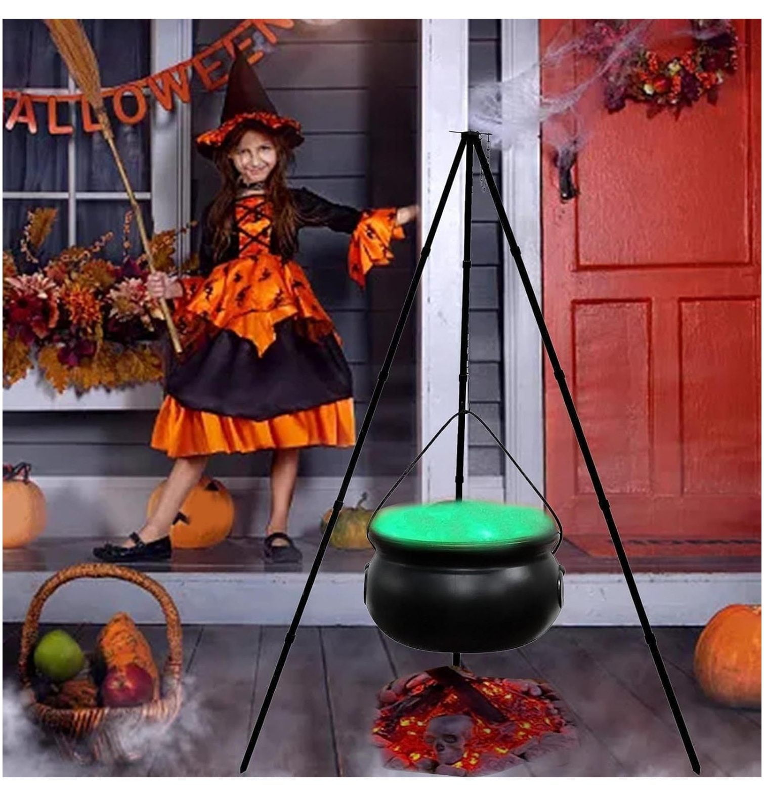 Witches Cauldron Decor Outdoor Large Witches Cauldron on Tripod with Lights Black Plastic Bowl