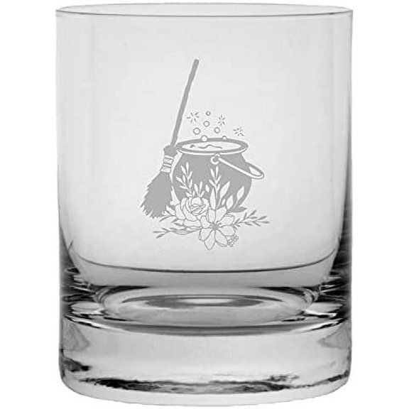 Witches Cauldron Happy Halloween Etched 11oz Crystal Rocks Whisky Glass