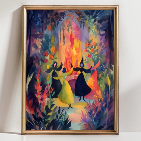 Witches Dancing Around Fire Colorful Wall Art Mystical Enchanted Forest Witch Decor