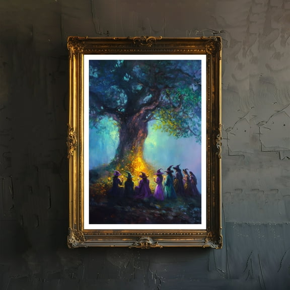 Witches' Gathering by an Ancient Oak Tree Print Dark Academia Art Witchy Decor Gothic Home Decor Antique Illustration Rustic Vintage - Poster Unframed