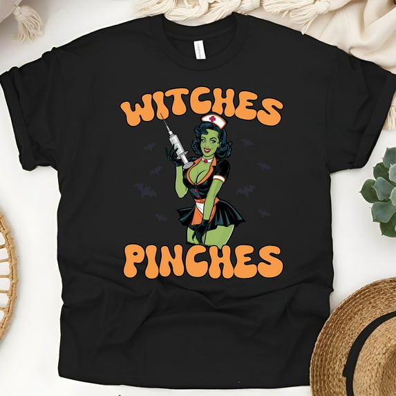 Witches Get Pinches Nurse Costume T-Shirt for Women, Black, Size XL