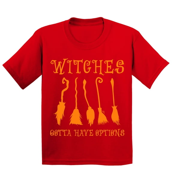 Witches Gotta Have Options Halloween Broom Youth T-shirt, L, Red