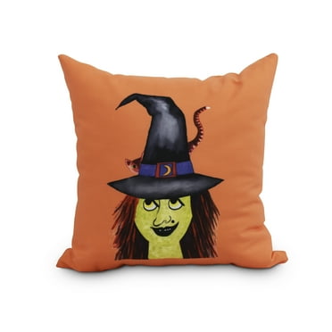 Witches Hat 26 Inch Orange Halloween Print Decorative Throw Pillow