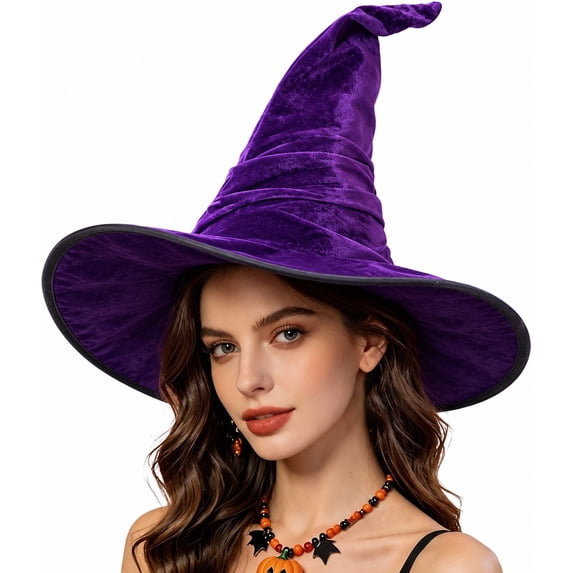 Witches Hat for Women Shapeable Colorful Velvet Wide Brim Pointed Halloween Purple One Size by Fnhpitd