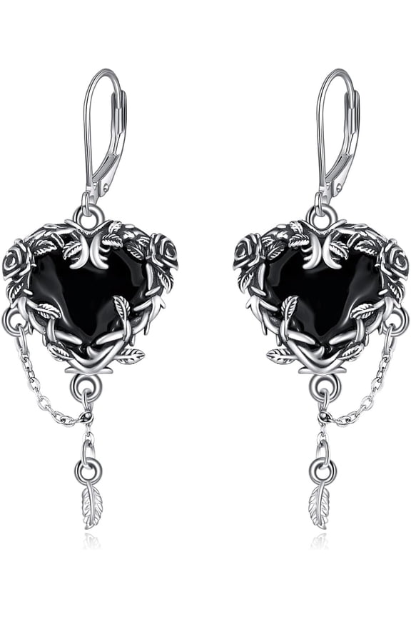 Witches Heart Earrings Sterling Silver Witchy Gothic Black Heart Dangle Dangly Drop Leverback Earrings Goth Jewelry Gifts for Women
