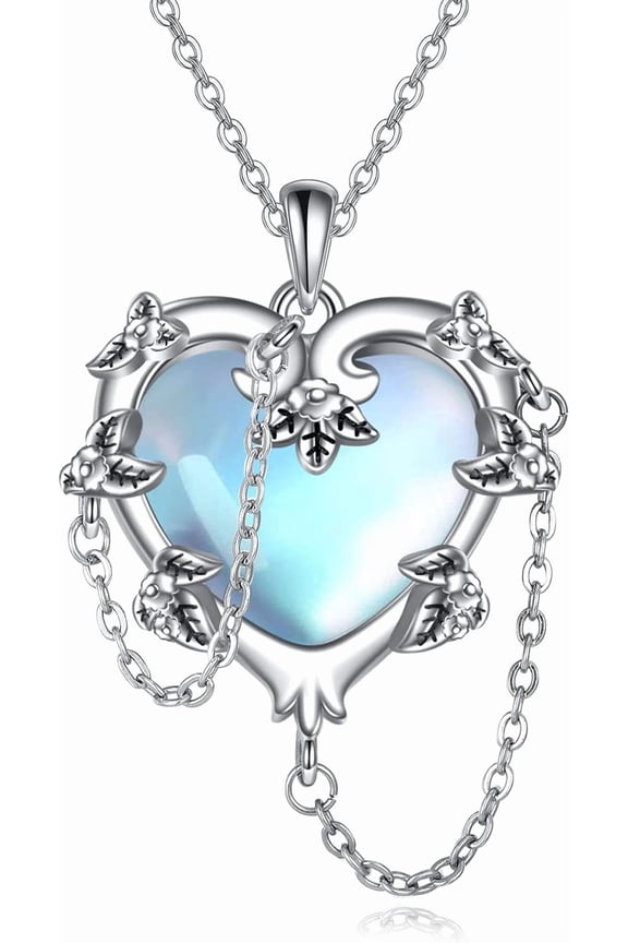 Witches Heart Necklace 925 Sterling Silver Created Moonstone Gothic Heart Necklace Witch Jewelry Gifts for Women