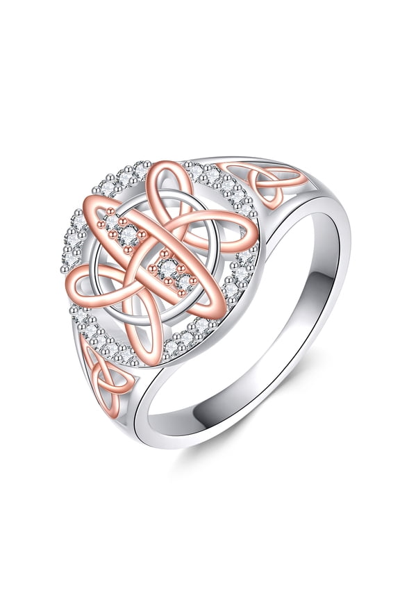 Witches Knot Celtic Ring for Women 18k Rose Gold Plated Sterling Silver Band with Zircon Meaningful Promise Jewelry Gift