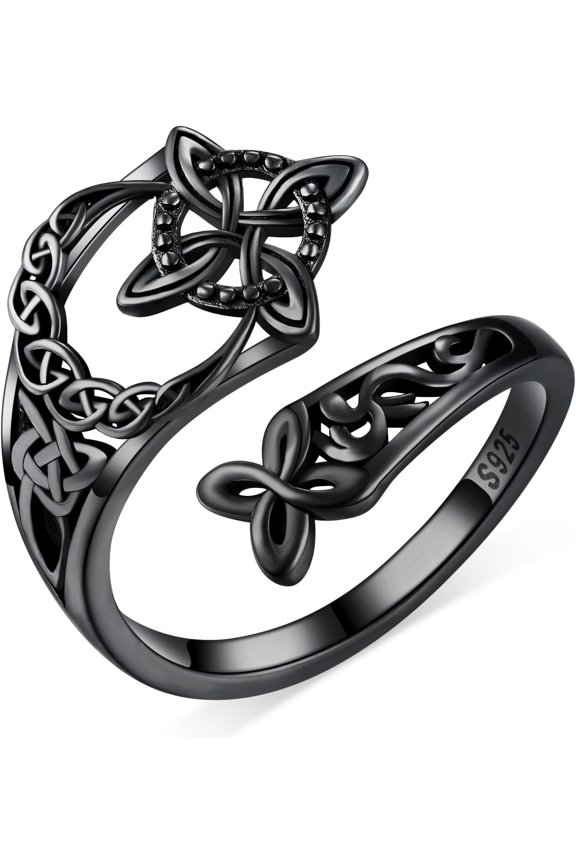 Witches Knot Ring Celtic Nudo de Bruja Plata 925  Sterling   Knot Rings Witchy  for Women (Black)